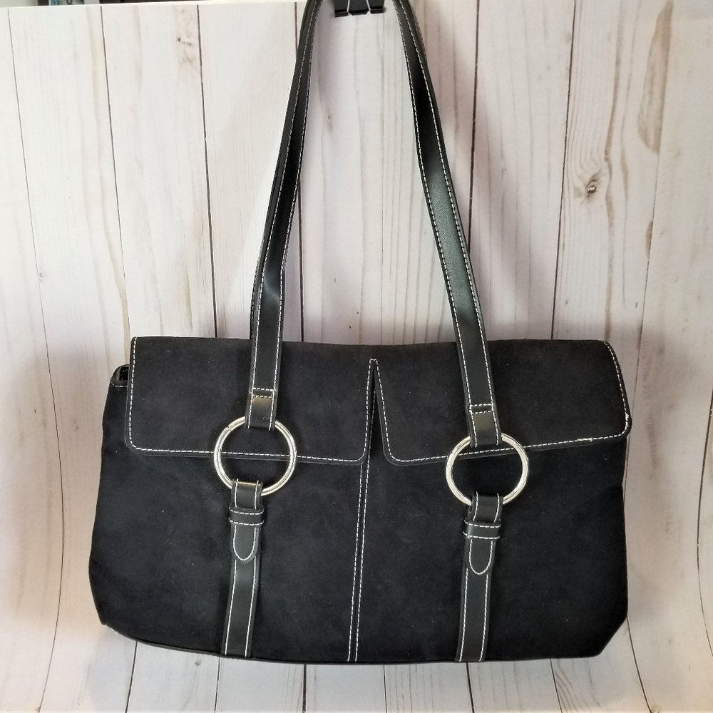Gorgeous Black Faux Suede Handbag with Metal RIngs